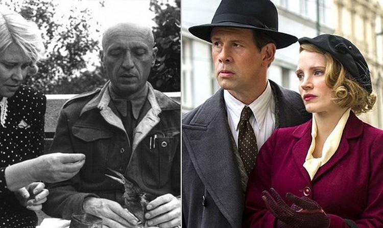 Jan e Antonina Zabinski, à esquerda, e os atores Jessica Chastain e Johan Heldenbergh, à direita I Foto: AdoroCinema